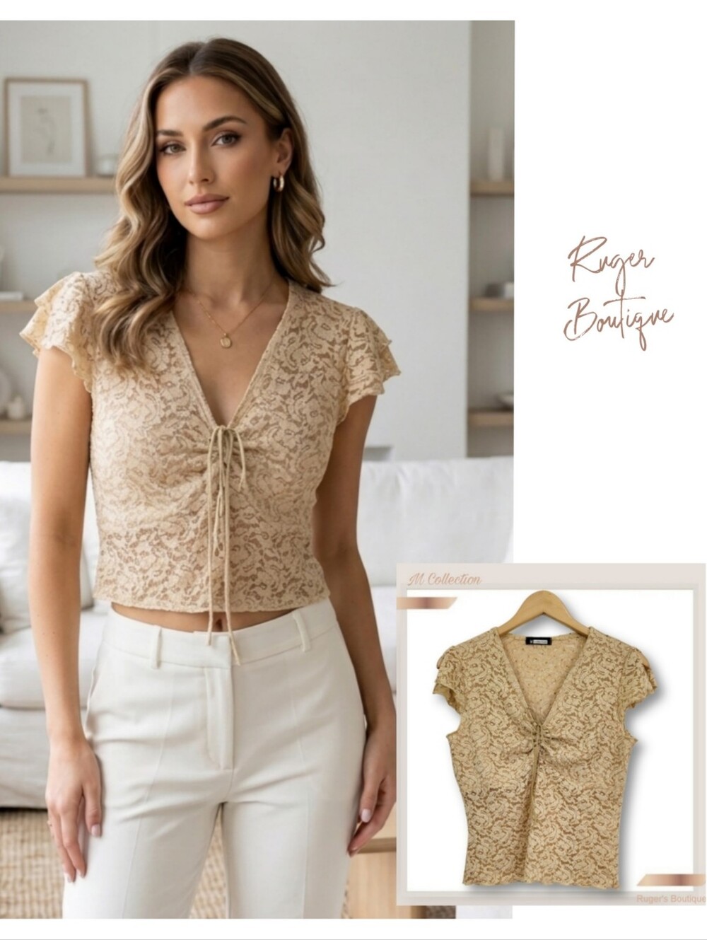 🌿M Collection Women's XL Boho Tan Gold Sequin Cinch Leather Tie Beige Top